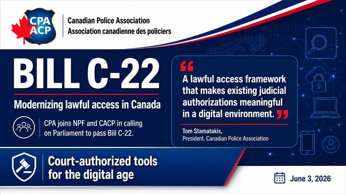 michaelgendron's tweet photo. Canada is the only Five Eyes country without a modern lawful access framework.

The CPA, @CACP_ACCP and @npffpn are calling on Parliament to pass Bill C-22 and ensure police have lawful, court-supervised tools that work in a digital age.

https://t.co/krGvtRFl2X https://t.co/yrbIWZVkyD