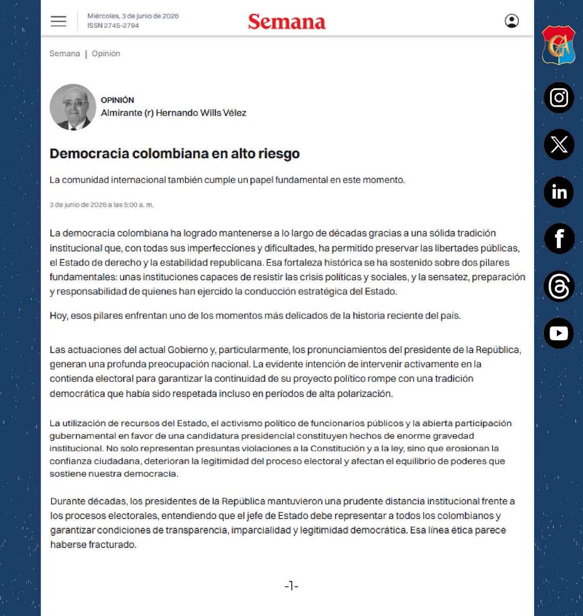 GenerAlmirantes's tweet photo. En @RevistaSemana 📰

“Democracia colombiana en alto riesgo”, por el Almirante (r) Hernando Wills Vélez.

Una reflexión sobre la institucionalidad democrática y el Estado de derecho en Colombia.

🔗 https://t.co/0ZmjbRQjb7

#Democracia #Colombia #Institucionalidad  #RevistaSemana https://t.co/VpH8BS6ZES