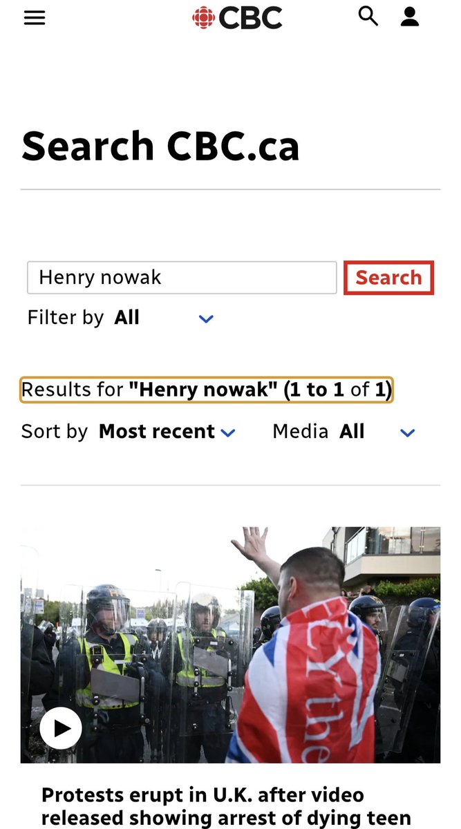 NewWorldHominin's tweet photo. The CBC now appears to have one (1) story about Henry Nowak, about two full days after the bodycam footage was released.
The lede? The "violent protests" in response to the murder, with "prominent far-right figures" in attendance, who are "inflaming tensions." https://t.co/ELdStlT5jg