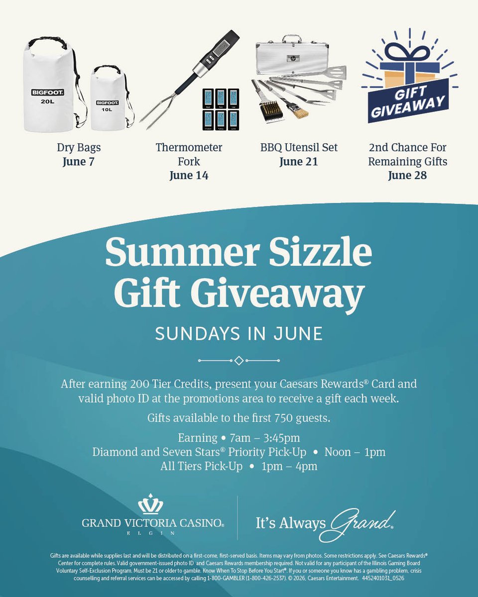 GVC_Elgin's tweet photo. Join us Sundays in June for our Summer Sizzle Gift Giveaway!
Every Sunday, earn 200 Tier Credits and stop by Caesars Rewards between 1:00pm - 4:00pm to pick up your gift.

+21. Gambling problem? Call 1.800.GAMBLER. (1.800.426.2537) https://t.co/97B83qtCSc
