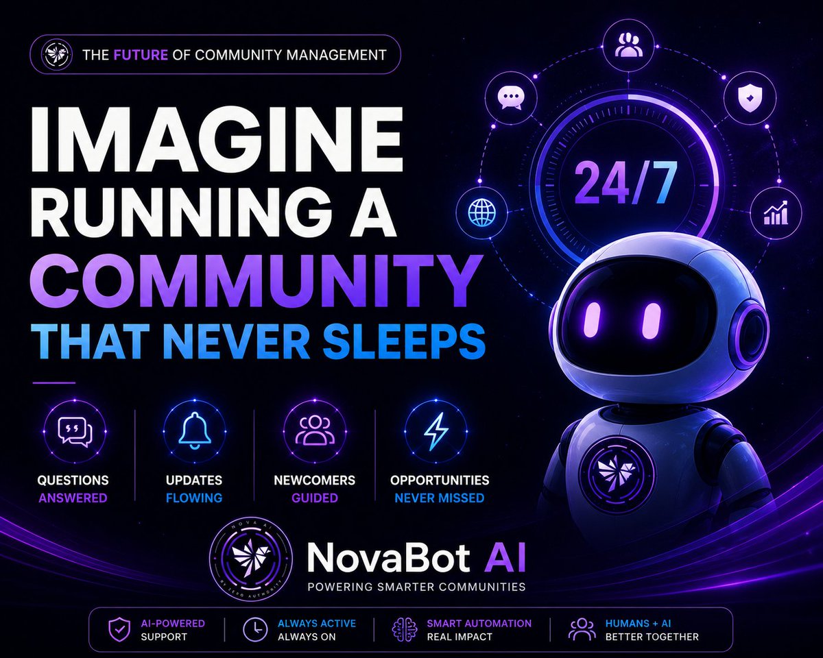 NovaBot_AI's tweet photo. Imagine running a community that never sleeps.

Questions get answered, updates keep flowing, newcomers get guided, and opportunities don’t get missed.

Even while you’re offline. (9/9)🧵👇

@Stacks @base https://t.co/OF6kKwvflD