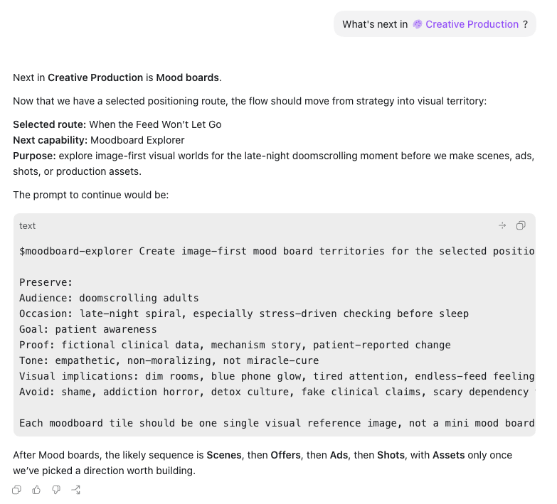 _simonsmith's tweet photo. Yeah, this isn't so seamless. We went through positioning and now I'm asking for the next step in the Creative Production plugin workflow. Instead of just triggering the mood board, Codex is giving me the prompt to trigger the mood board. That is weird. It should just DO this. https://t.co/wCM8ZeyZol