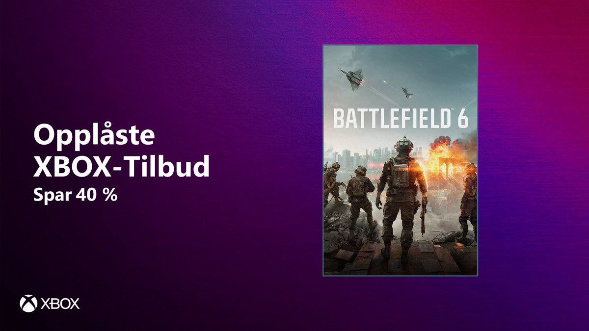 XboxNorge's tweet photo. På tide å kalle inn troppen.

Se opplåste XBOX-tilbud og spar 40% på Battlefield 6. Salget slutter 10. juni: https://t.co/npM0u8YIYJ https://t.co/w2ScHWybzU