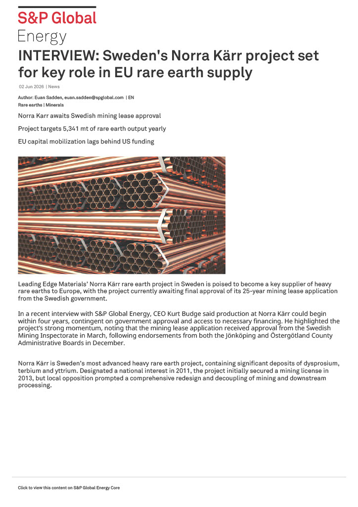 LeadingEdgeMtls's tweet photo. @EnergySPG featured Norra Kärr this week. Europe needs heavy rare earths, China controls the supply - and we are one of the very few Western projects that can change that.
#CriticalMinerals #RareEarths #HeavyRareEarths  #EuropeanMining #Sweden #Mining #RareEarthElements #Dysprosium #terbium #HRRE #NorraKärr $LEM 

https://t.co/idUMnLvgQn