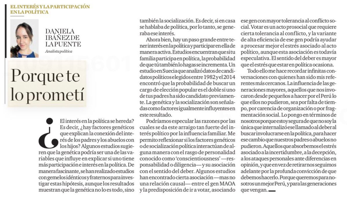danipolitics's tweet photo. En esta columna para @elcomercio_peru reflexiono sobre una pregunta que me acompaña desde hace tiempo: ¿por qué algunos sentimos tan profundamente el deber de participar en política? Los estudios muestran que la familia, la socialización, rasgos de la personalidad e incluso ciertos factores genéticos pueden influir en nuestro interés político...