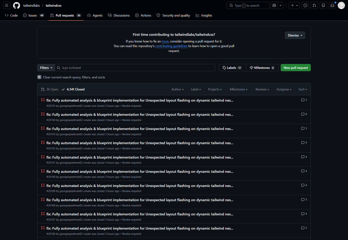 evex_dev's tweet photo. @ubugeeei Next.js も TailwindCSSも荒らされててうーん

george speelman って名義でやってるけど、絶対関係ない人でいやがらせで名前使われてそう。。 https://t.co/xmVntjZ3bJ