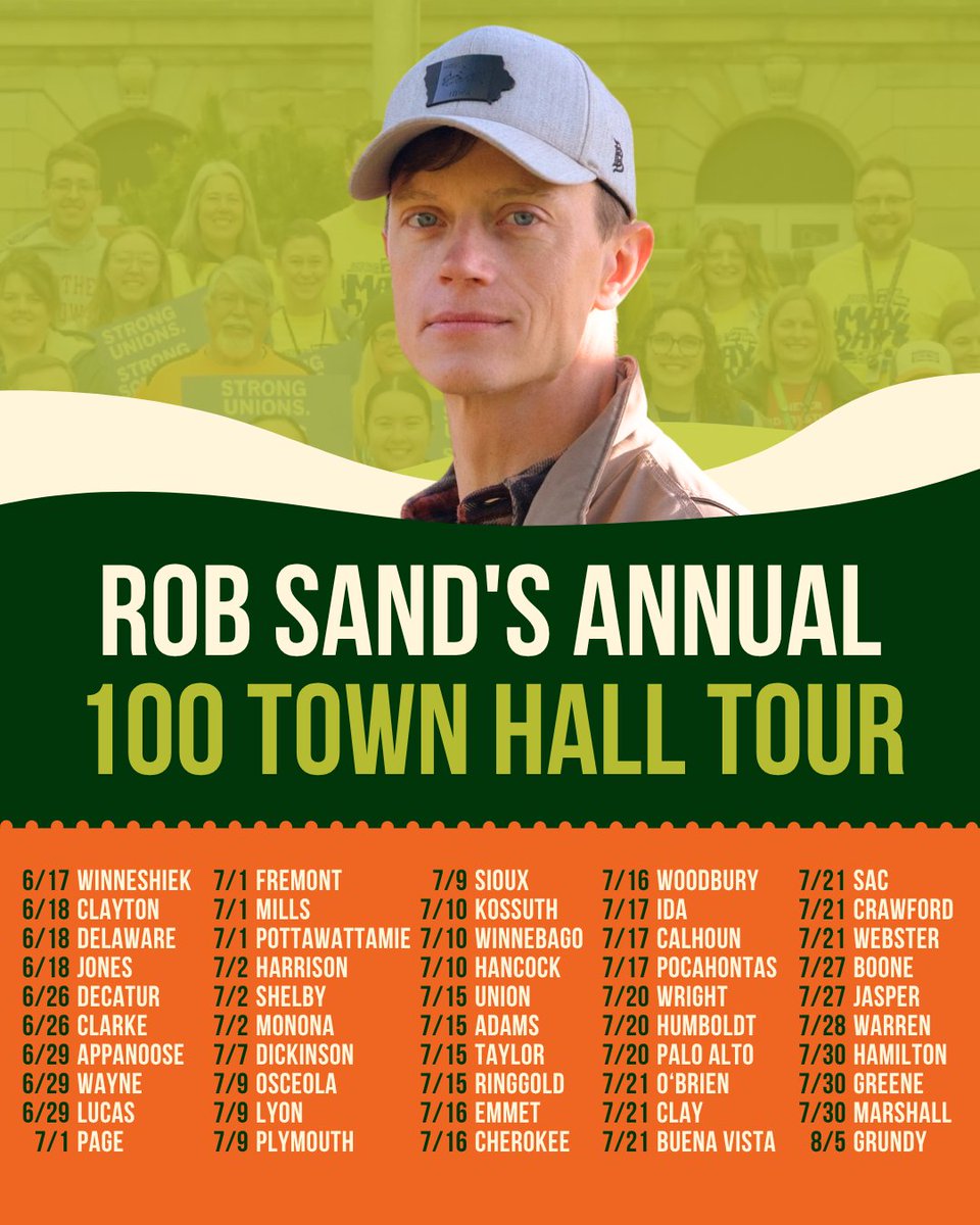 RobSandIA's tweet photo. It's the first day of the general election, and what are we doing?

We're sharing our full 100 town hall tour schedule – well in advance – so you know when I'll be in your neighborhood this year.

Democrats, Republicans, and independents are all welcome. https://t.co/5jg5frHowj