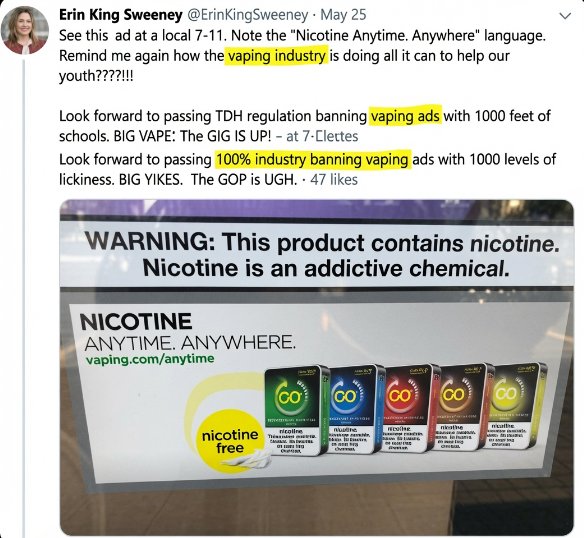 Vapingit's tweet photo. Remember in 2019... when @ErinKingSweeney, former Hempstead Town Councilwoman in New York, posted this... and eventually deleted her account?

I'll let you soak (or bask) in the irony of how idiotic these people, and others like her (still) are with this old example. https://t.co/hKM1y5BycY