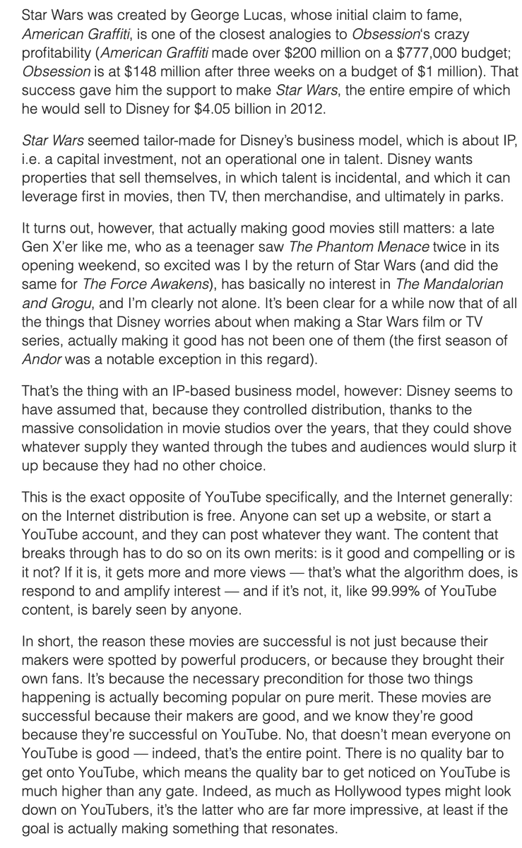 sarthakgh's tweet photo. .@benthompson: There is no quality bar to get onto YouTube, which means the quality bar to get noticed on YouTube is much higher than any gate. Indeed, as much as Hollywood types might look down on YouTubers, it’s the latter who are far more impressive, at least if the goal is actually making something that resonates.