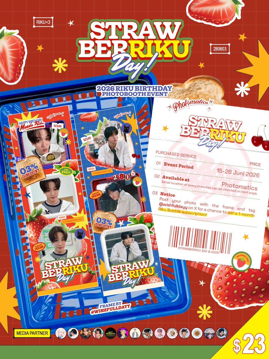 MAEDARIKU_IDN's tweet photo. [MEDIA PARTNER] 

A day as sweet as strawberries with Riku 🍓🫧

#RIKU Birthday Photoframe Event by @wishfulldayy

🔖 15 - 28 Juni 2026
📍PHOTOMATICS

Post your photo &amp; tag @wishfulldayy for a chance to win a 1-month Riku Bubble subscription!🫧

#StrawberrikuDay
#리쿠 #NCTWISH https://t.co/fPWMVVkvea