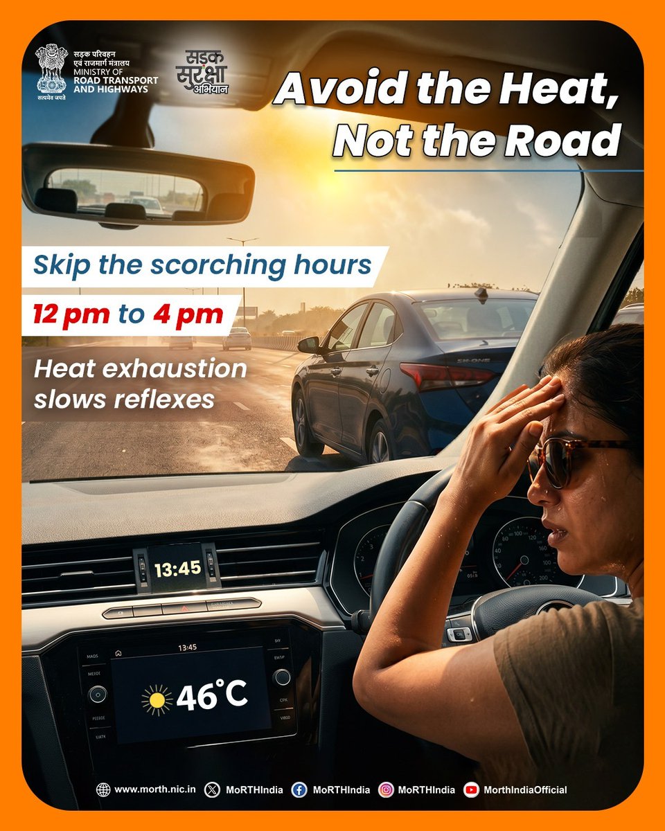 MORTHIndia's tweet photo. Travel smart this summer. Plan your journeys wisely and avoid driving during peak heat hours whenever possible.
#SummerDrivingTips #BeatTheHeat https://t.co/FcxcEOjgf5