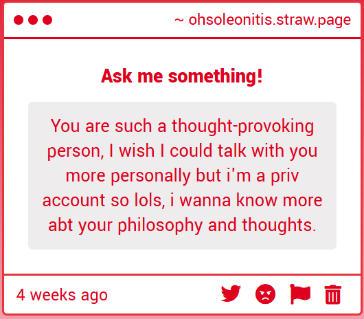 ohsoleon's tweet photo. (strawpage) 1. well i've had a great deal of growing pains, those who've stuck with me with a longer period of time can tell. i can only hope to be as forgiving and patient as the people supporting me have been is all. theres no specific doctrine at all. im bipolar
2. back up man https://t.co/zoAUeMSDTo
