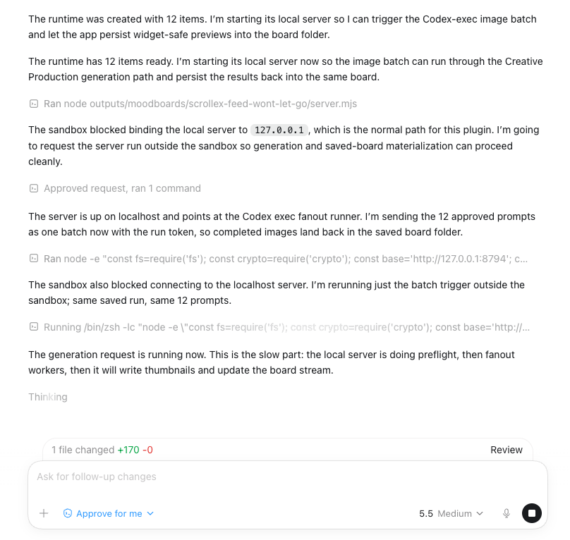 _simonsmith's tweet photo. Minor issue here is that the sandbox is blocking the local server for running the mood board generation and review process. Looks like Codex overcame the block, but not sure why it's happening. I have "Approve for me" as the permission setting here. https://t.co/EBOvRaw5Cm