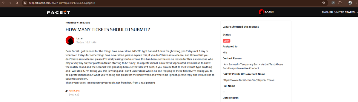 gapgapgaq's tweet photo. Getting banned for 7 days for ghosting is wild, so unprofessional and disrespectful, please solve this I want a real person, not AI! Disappointment. Shame.
@FACEIT_Darwin Please advise and help solving this one.
Request #13633253 https://t.co/rTFrr0XicE