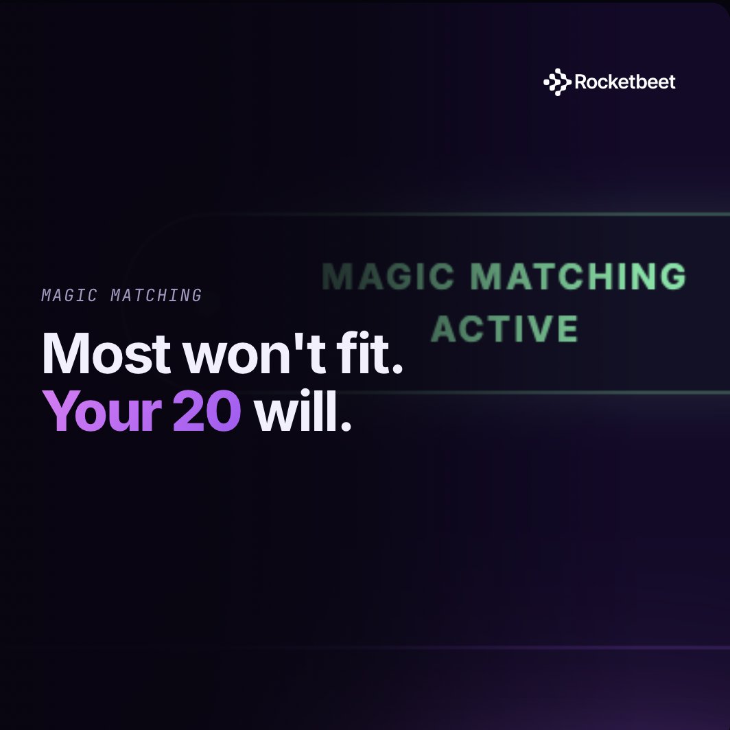 Rocketbeet's tweet photo. There are 124,000+ investors in the Rocketbeet database.

Most of them will never be right for your startup.

The ones who are? Matched to you. Ranked. Ready.

That's Magic Matching.

https://t.co/hPCUnesoKX

#VentureCapital #Founders #AI #Rocketbeet #RocketbeetScore #Startup https://t.co/bfm10NeTBr