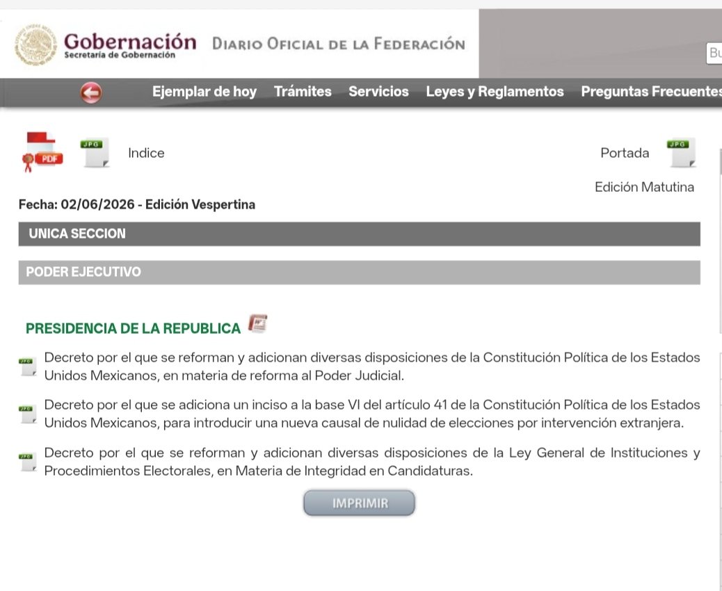OREAROBERTO's tweet photo. Ya se publicaron en el Diario Oficial de la Federación las siguientes reformas:
- Reforma constitucional a la reforma del PJF
- Reforma constitucional sobre nueva nulidad por intervención extranjera
- Reforma legal sobre integridad en candidaturas.

#TemasElectorales 🗳️💻 https://t.co/FP7QG8ygoE