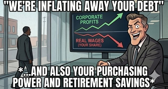 Finance_GV's tweet photo. "Inflating Away the Debt" is the ultimate wealth transfer scam.

Governments rack up massive deficits, then quietly erode the real value of that debt through inflation.Who pays? Everyday people!

Your savings lose purchasing power, wages lag, and fixed-income folks get crushed.Who benefits? Politicians and connected insiders who spend first (before prices rise) and debtors holding nominal liabilities.

This isn't "monetary policy." It's a hidden tax on the 99%. 

What are you doing to combat the loss in  Buying Power?

#Inflation #Economics #DebtCrisis #PersonalFinance