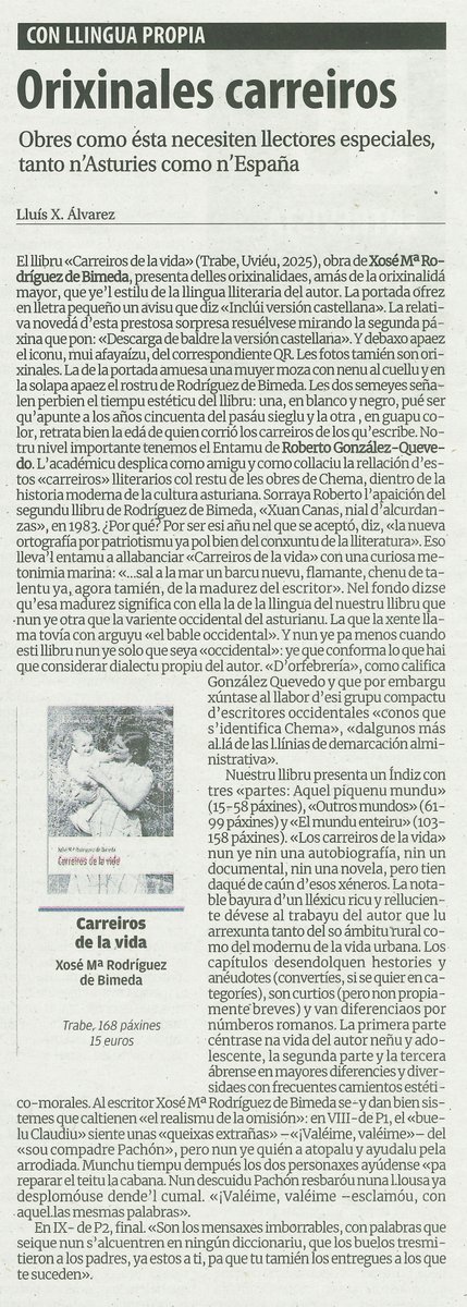 edicionesTrabe's tweet photo. Compartímosvos la reseña de 'Carreiros de la vida' de Xosé Mª. Rodríguez de Bimeda, que firma Lluís Xabel Álvarez y que se publicó en @lanuevaespana 
Dende equí invitámosvos a lleer la reseña y el llibru. https://t.co/83pYLRAzlD