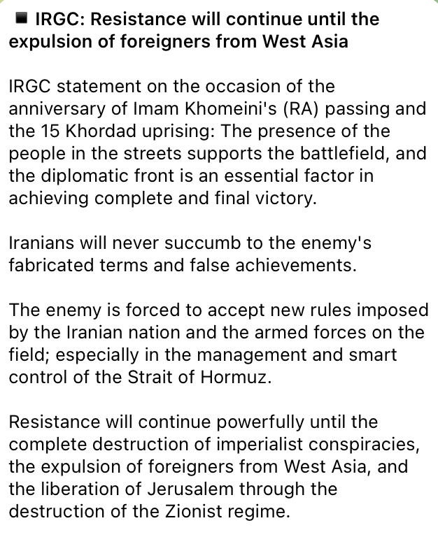 IsraelWarRoom's tweet photo. The IRGC declares "resistance will continue" until "foreigners" (i.e., US and allied forces) are expelled from the Middle East and Israel is wiped off the map.

Doesn't sound like the IRGC is interested in peace... https://t.co/pOBdBmWBrC