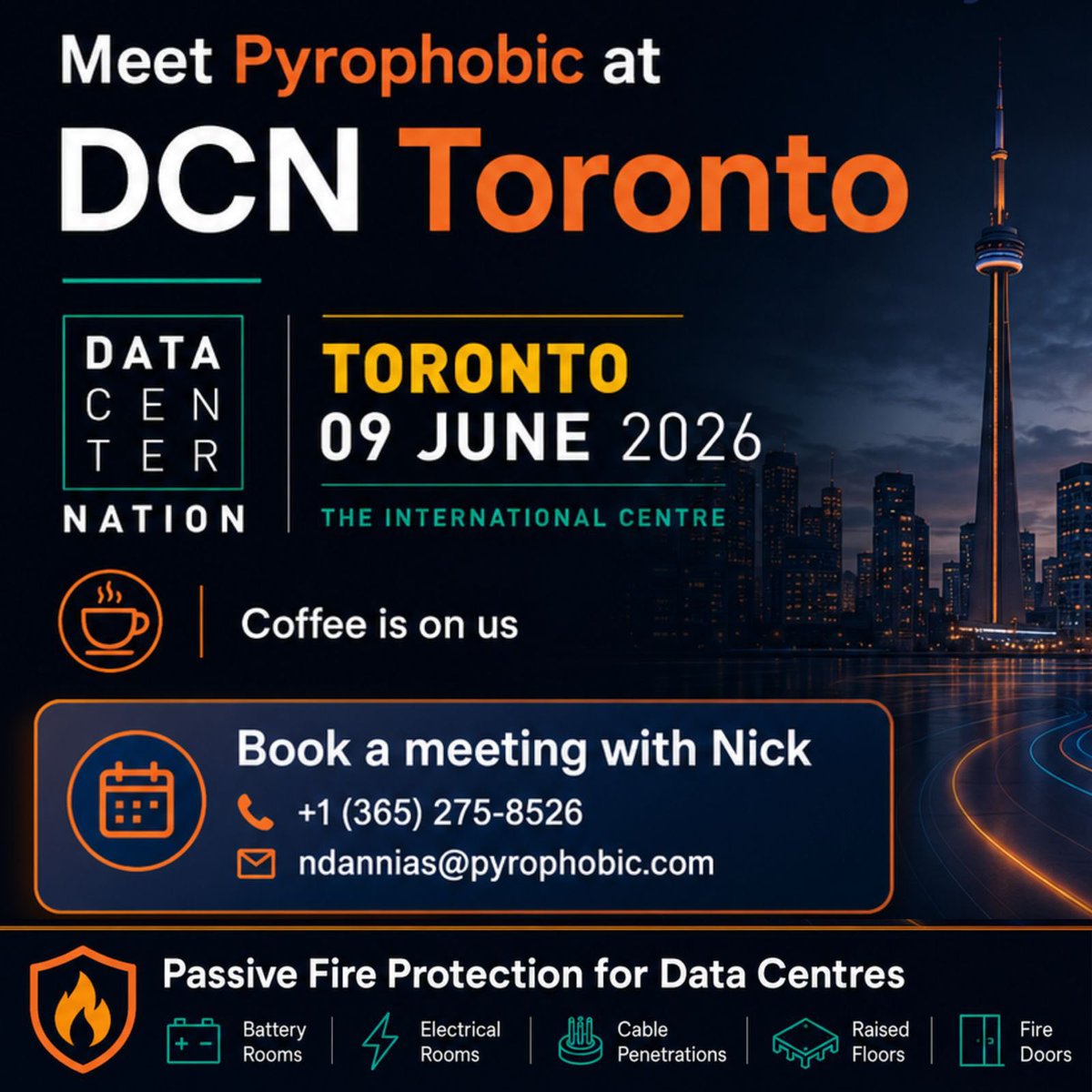 pyrophobics's tweet photo. Pyrophobic will be attending DCN Toronto and we are looking forward to meeting data centre professionals who are reviewing or planning their passive fire protection strategies. 

Let’s have a coffee? 

Contact Nick: +1 (365) 275-8526 or ndannias@pyrophobic.com https://t.co/GsLV39Jl1J