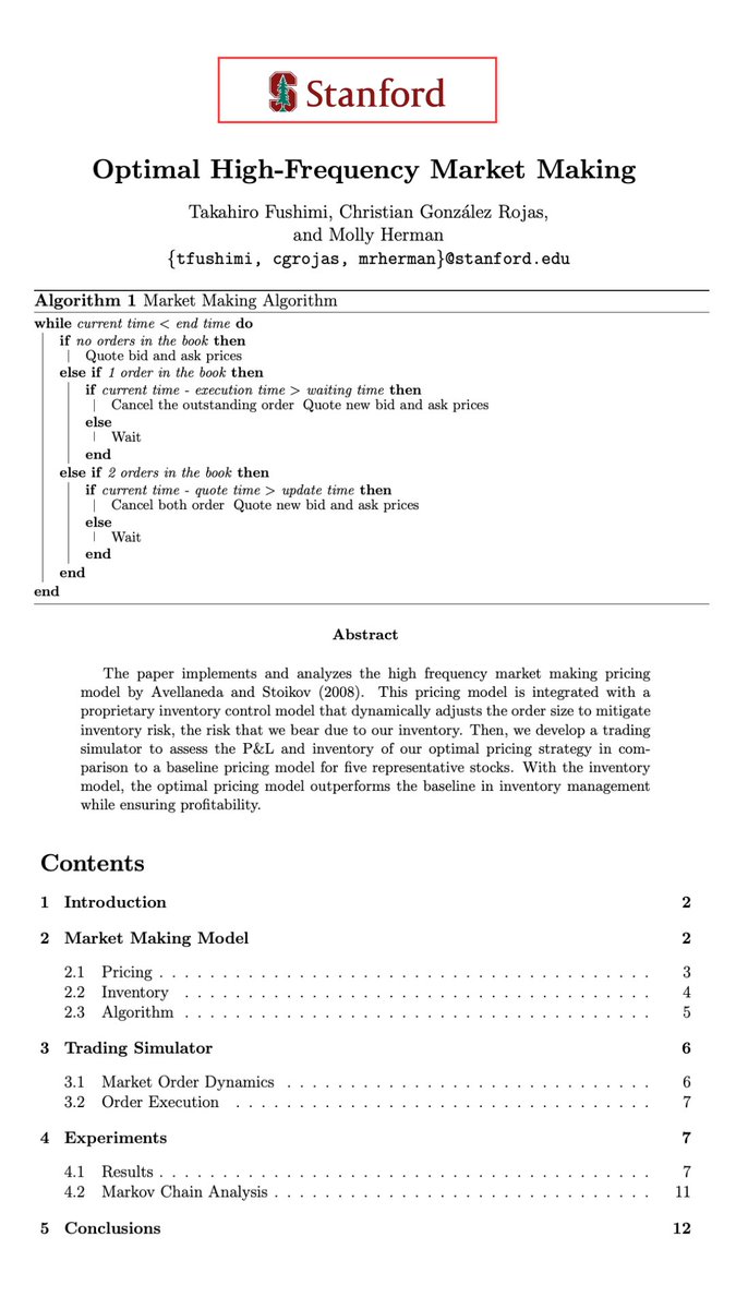RohOnChain's tweet photo. As someone who builds institutional level quant systems, this Stanford paper on Market Making is the closest thing to an HFT desk I have ever seen publicly shared.

19 pages. Hedge Fund level Market Making Algorithm. Bookmark &amp; get this before someone takes it down. https://t.co/yl3VSabBhg