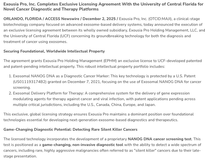 SigmaEquities's tweet photo. $MAJI -->  Let's not forget they completed an exclusive licensing agreement recently with the University of Central Florida for it's cancer diagnostic and therapy platforms of it's wholly owned subsidiary Exousia Pro Holding Management. 🔥 https://t.co/kVmlglTvMA