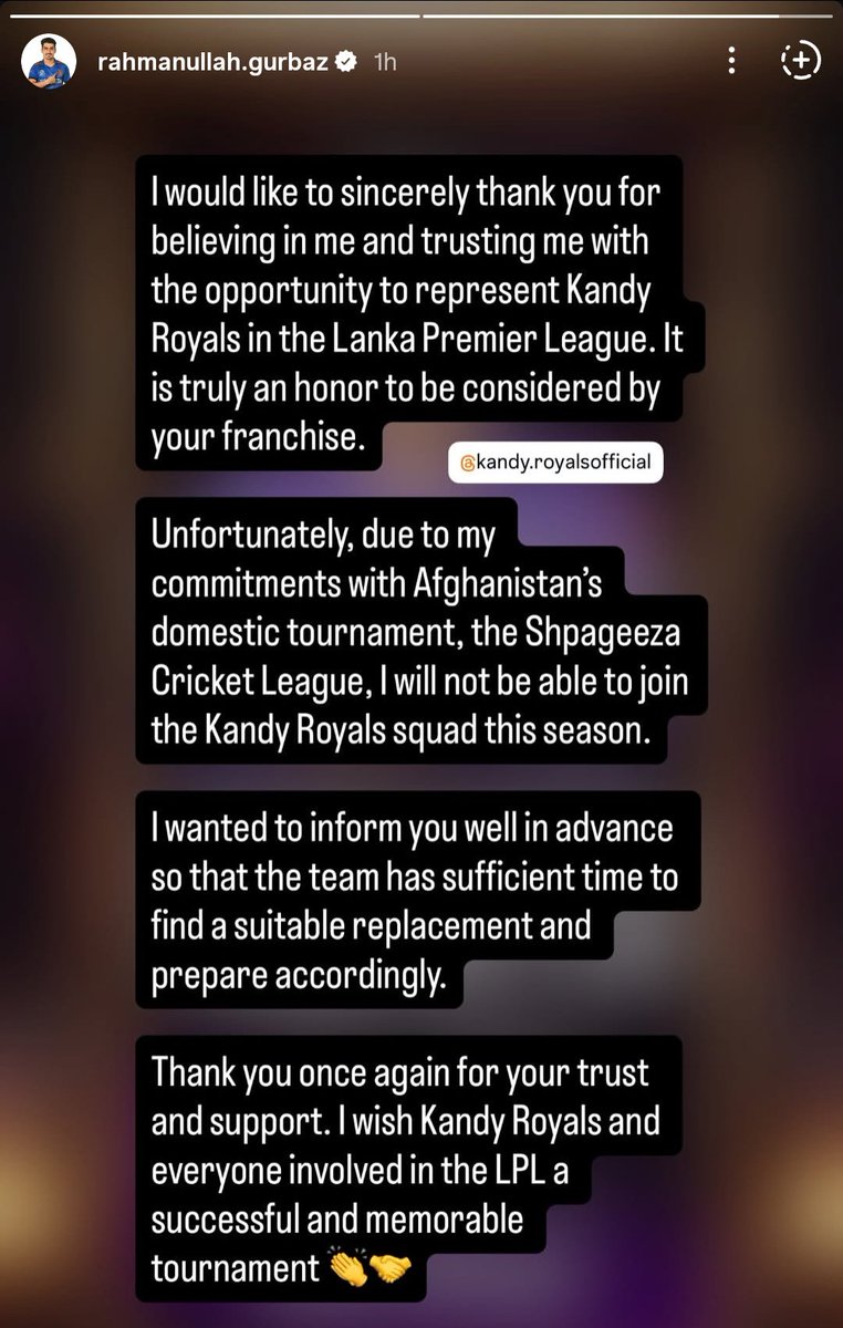AFG_Sports's tweet photo. So Shpageeza is clashing with LPL & this is the first afghan pullout from the Lankan league. Poor Kandy Royals would definitely be irked by this late withdrawal but it is quite clear that ACB has scuffled all its players from their freedom of hopping from one league to the other by skipping domestic commitments. There could be others who would now be pulling off from the LPL. In a similar way Farooqi was recalled from his county Glamorgan after he had appeared for a couple of matches in the Blast to attend the ongoing Regional List A matches. Players like Nabi, Omarzai & Noor also had the option to participate in LPL but their names did not appear in the final shortlisted draft. It seems they were communicated prior about the consequences. @RGurbaz_21 @IZadran18 @GbNaib @Mujeeb_R88 @fazalfarooqi10 @ZahirZk7575