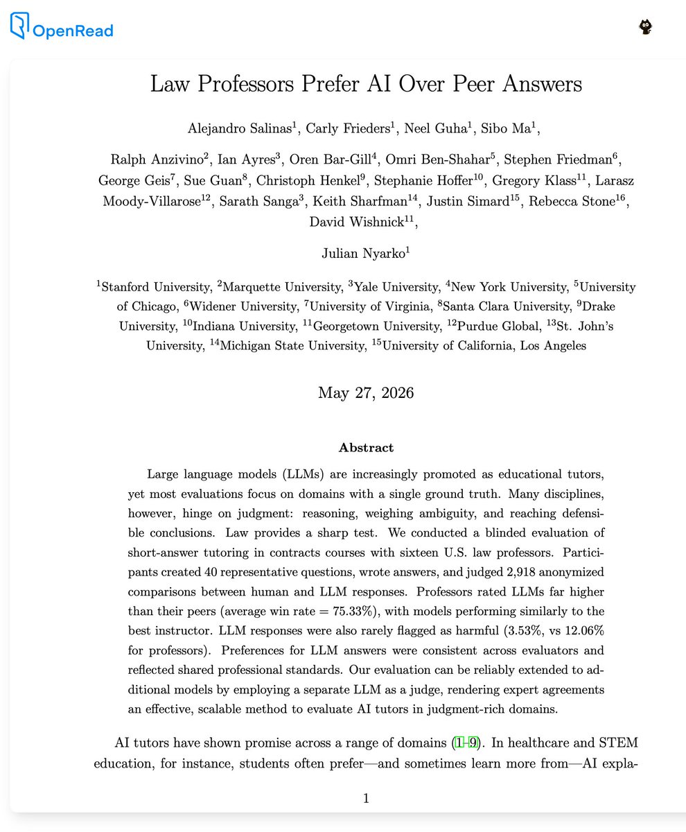 zoewangai's tweet photo. Stanford's new research shows that AI is way better than their law professors. https://t.co/sQ3jEYstpJ

Law professors rated LLMs far higher than their peers (average win rate = 75.33%), with models performing similarly to the best instructor. https://t.co/zTOV5fhhmd