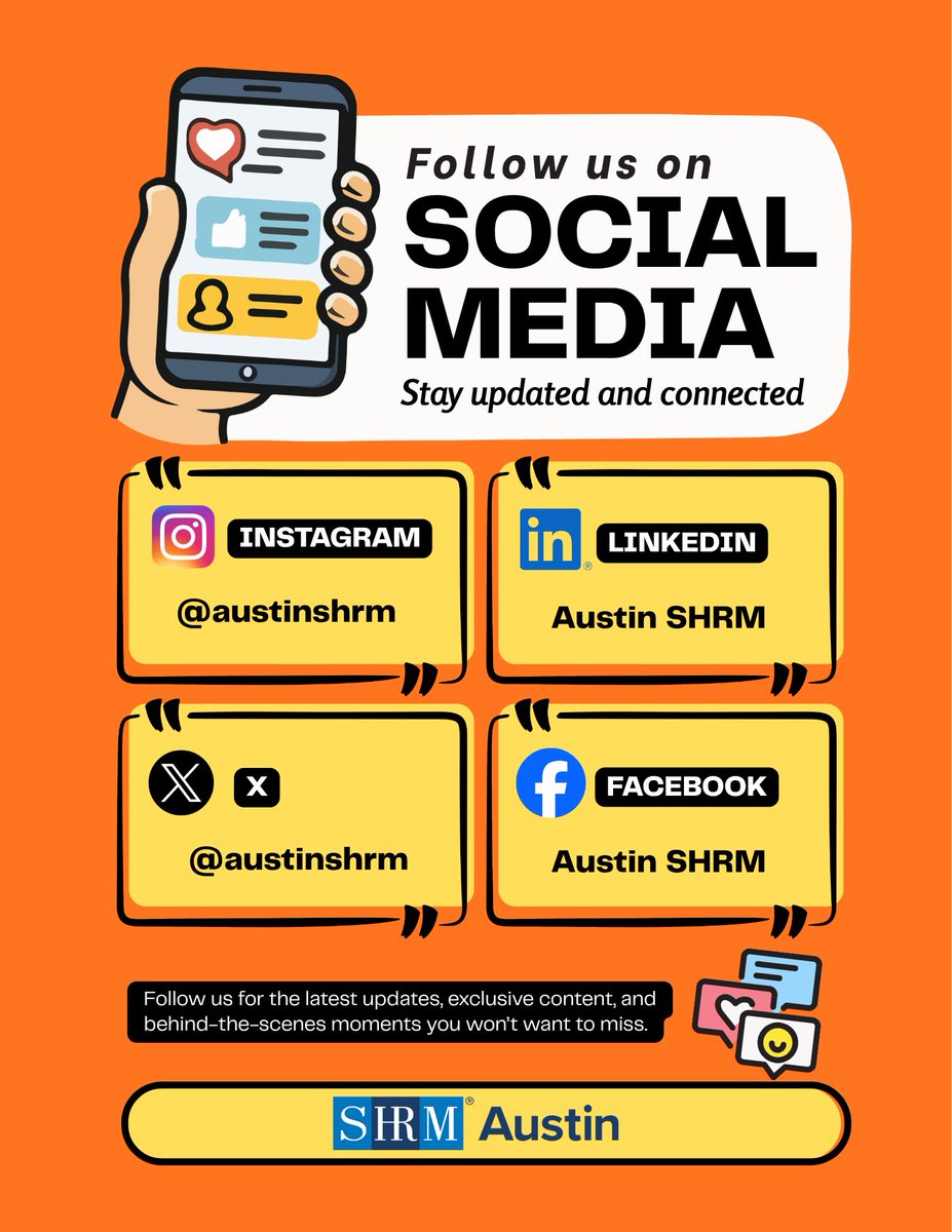 AustinShrm's tweet photo. Stay connected with Austin SHRM wherever you scroll.

📸 Instagram: @austinshrm
𝕏 X: @austinshrm
💼 LinkedIn: Austin SHRM
👍 Facebook: Austin SHRM

Events. Insights. Community. #AustinSHRM

#AustinSHRM #HRCommunity #ConnectLearnGrow https://t.co/9p00sT42fG