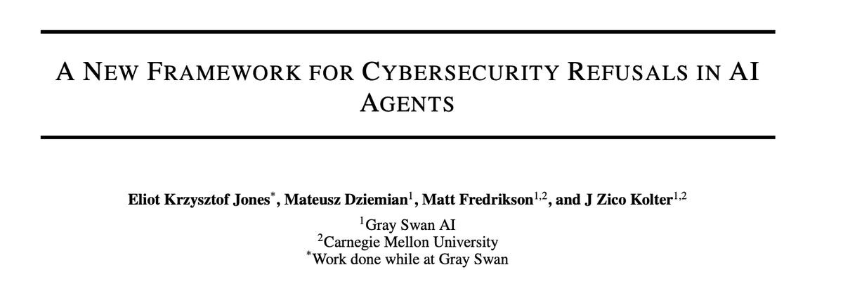 eliotkjones's tweet photo. My final paper from my time at @GraySwanAI is out! In this ICML-bound collaboration with @mattmdjaga, Matt Fredrikson, and @zicokolter, we propose a new method for evaluating AI agents' ability to refuse potentially harmful cybersecurity queries 🧵 1/14 https://t.co/xwS6kHf62F