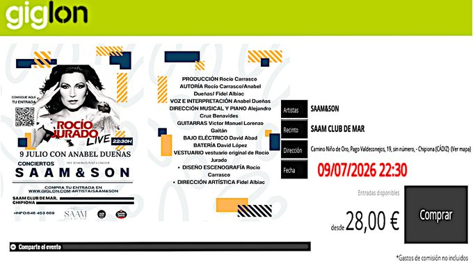 Audino44's tweet photo. Rocio Jurado Live - SAAM&SON
👩🎤Anabel Dueñas
📝Rocío Carrasco Mohedano
🗓️09/07/2026⏰22:30
📍SAAM CLUB DE MAR. Camino Niño de Oro, Pago Valdeconejos,19, sin número, - Chipiona (CÁDIZ) Andalucía, España.
#MareaFucsia #APOYOROCÍO3J
🎟️Compra de entradas.ℹ️https://t.co/4MlY0Pm1WZℹ️ https://t.co/bXW8wdJlPM