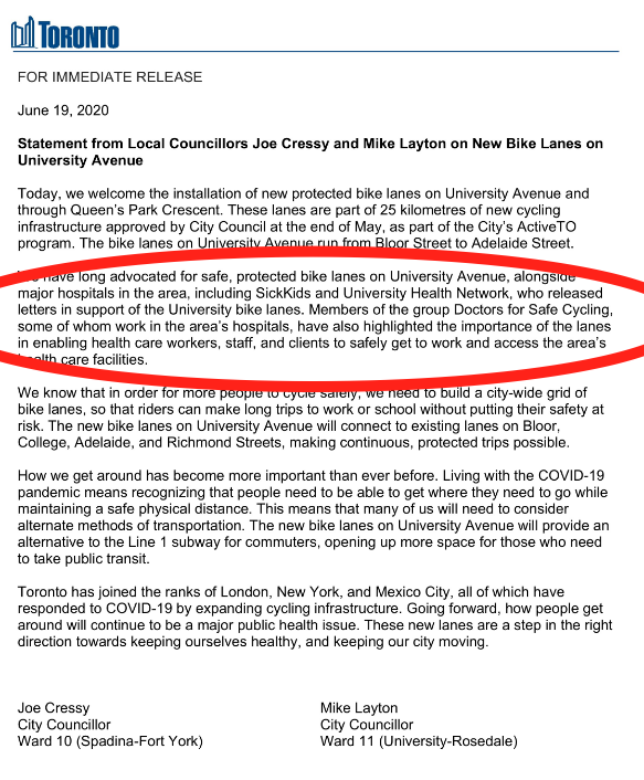 raghu_venugopal's tweet photo. The public record shows Toronto's Hospital Row major institutions support bike lanes on University Avenue. I don't represent any institution but this is the public record which @abctoronto_ should read first. As a driver, I support bike lanes. https://t.co/Ij2wT25Up0