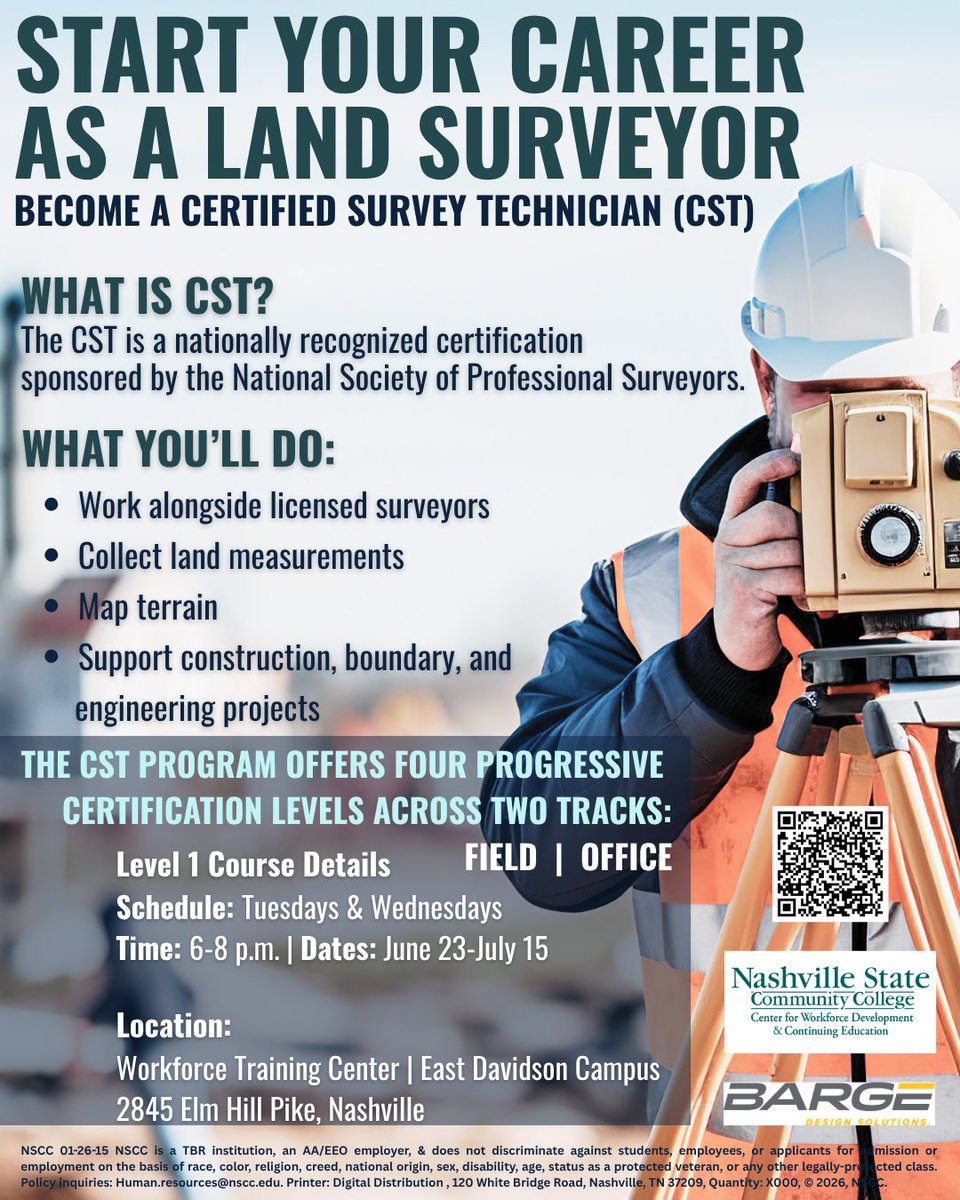 NashvilleState's tweet photo. Nashville State, in partnership with Barge Design Solutions, is offering an entry-level Certified Survey Technician (CST) to help aspiring professionals develop in-demand industry skills. Classes meet Tuesdays and Wednesdays, 6-8 pm, 6/23–7/15, East Davidson campus in Nashville. https://t.co/KCtygvib4j