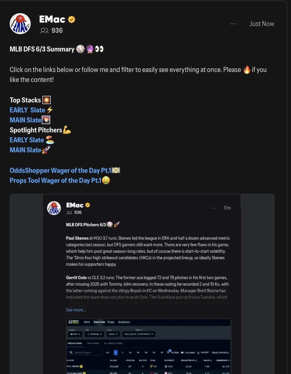 EmacDFS's tweet photo. ⚾️🐪🐫Get ready for dual-slate action with @MLB DFS analysis from Your Ol' Pal, courtesy of @Tails_Picks @Stokastic 

⚔️Afternoon Adventures 🐯
🕺Evening Entertainment💃
🤑👇G-R-A-T-I-S👇🤑
https://t.co/LupdVyoTX9 https://t.co/0ghIF3dojE
