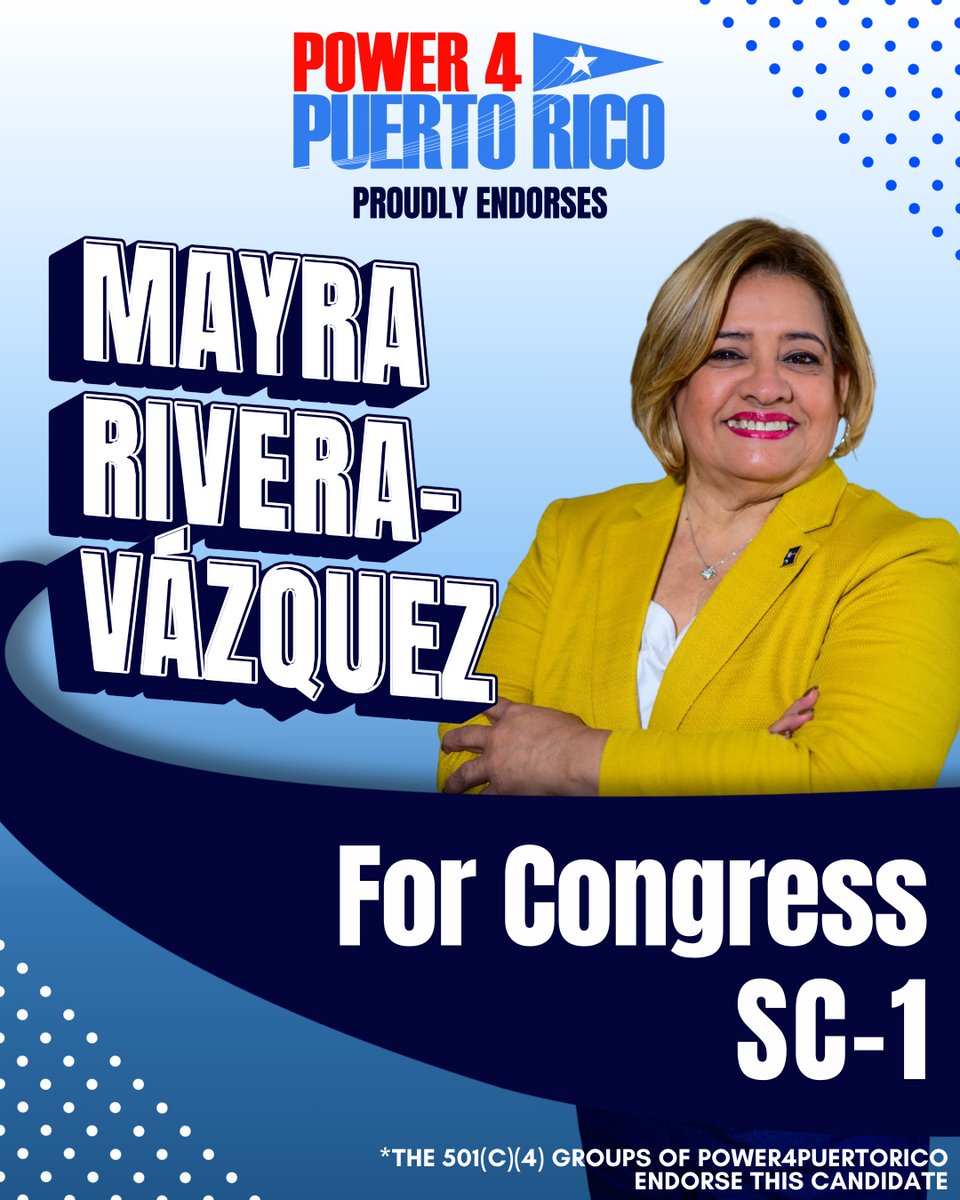 Pwr4PuertoRico's tweet photo. Mayra Rivera-Vázquez (@mayra4congress) will fight for South Carolina's Lowcountry in Congress with the same tenacity she has been fighting alongside the Puerto Rican Diaspora for years. At every turn, Mayra has stepped up to the plate, advocating for displaced families harmed by Act 22 tax evaders, making sure Puerto Rico's farmers have a shot at feeding our own people or standing up so that Puerto Rican self-determination and sovereignty was front and center in the Democratic Party platform. We are proud to stand with Mayra and endorse her candidacy because Mayra has stood with us and will continue to do so as the next Congresswoman from SC-1.  

Mayra Rivera Vázquez luchará por el "Lowcountry" de Carolina del Sur en el Congreso con la misma tenacidad con la que ha luchado, durante años, junto a la diáspora puertorriqueña. En cuanto a defender nuestra gente se refiere, Mayra ha tomado acción: abogando por las familias desplazadas y perjudicadas por los evasores contributivos de la Ley 22; asegurándose de que los agricultores de Puerto Rico tengan la oportunidad de alimentar a nuestra propi pueblo; o alzando su voz para que la autodeterminación y la soberanía de Puerto Rico ocuparan un lugar central en la plataforma del Partido Demócrata. Nos enorgullece respaldar a Mayra y apoyar su candidatura, porque Mayra ha estado con nosotros y seguirá estándolo como la próxima congresista por el 1er Distrito de Carolina del Sur (SC-1).