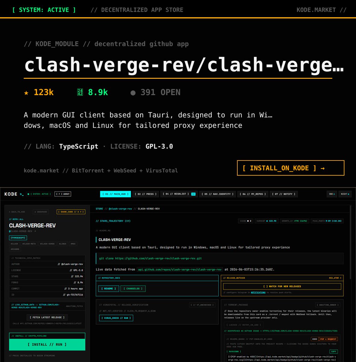 kodemarket01's tweet photo. 🔥 Trending on GitHub: Clash-Verge-Rev
A modern GUI client based on Tauri, designed to run in Windows, macOS and Linux for tailored proxy experience.
⭐️Stars: 123k+
👇 https://t.co/RNw6G7l1dW
🛠 Explore the code &amp; install safely

 #linux #rustlang #tauri #GitHub #KODE https://t.co/ys2H83u63S