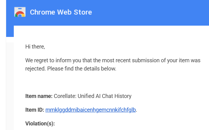 pk504b's tweet photo. Rejected.

Have published several extension and updates on  chrome store, got rejection for the first time.

This just means that this extension is serious and complicated than the others.

Fixing and resubmitting by EOD.

More time to improve webapp. More time to join waitlist. https://t.co/RcJhD7LWdF