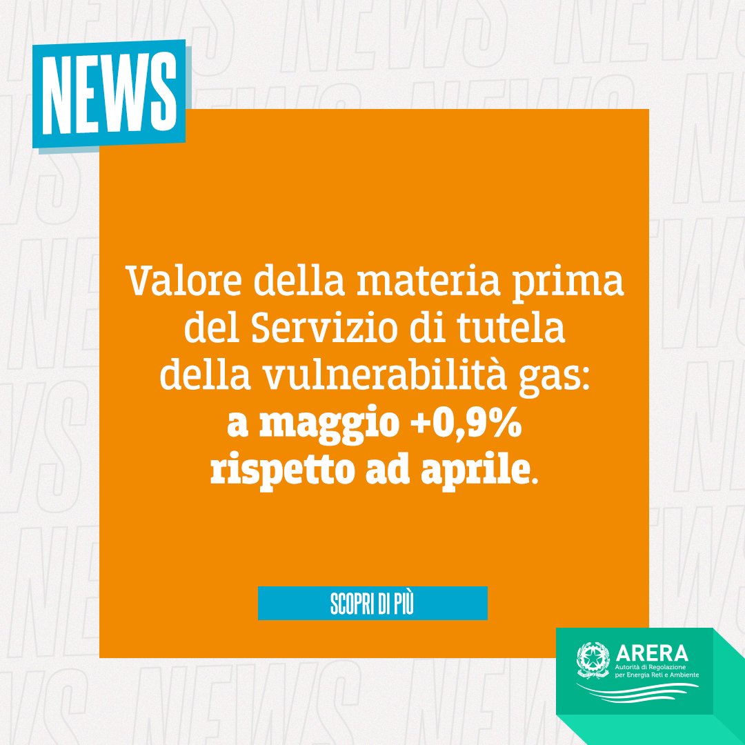 ARERA_it's tweet photo. Pubblicato sul sito di #ARERA il prezzo della sola materia prima #gas (CMEM,m) per il #ServizioDiTutela della vulnerabilità nel mese di maggio: 46,89 €/MWh, in crescita dello 0,9% rispetto ad aprile.

Scopri di più: https://t.co/T1bd35oStL https://t.co/tHQRePrLvH