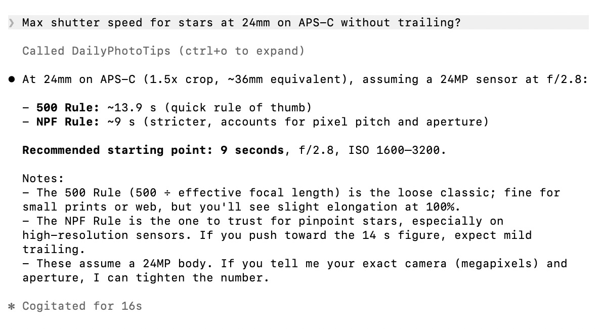 joncphillips's tweet photo. I've been a little worried about AI eating into content and newsletters. So instead of sitting around worrying about it, I built an MCP server for DailyPhotoTips.

Now a photographer can ask Claude or ChatGPT a photography question and get an answer pulled from 7 years of my content, plus the calculators and tools I built (depth of field, golden hour, star trail calculator, that kind of thing.)

If AI is going to be the interface people use, I'd rather my stuff be inside it than fighting it.

Was a fun little project, and honestly might be where content distribution is heading.