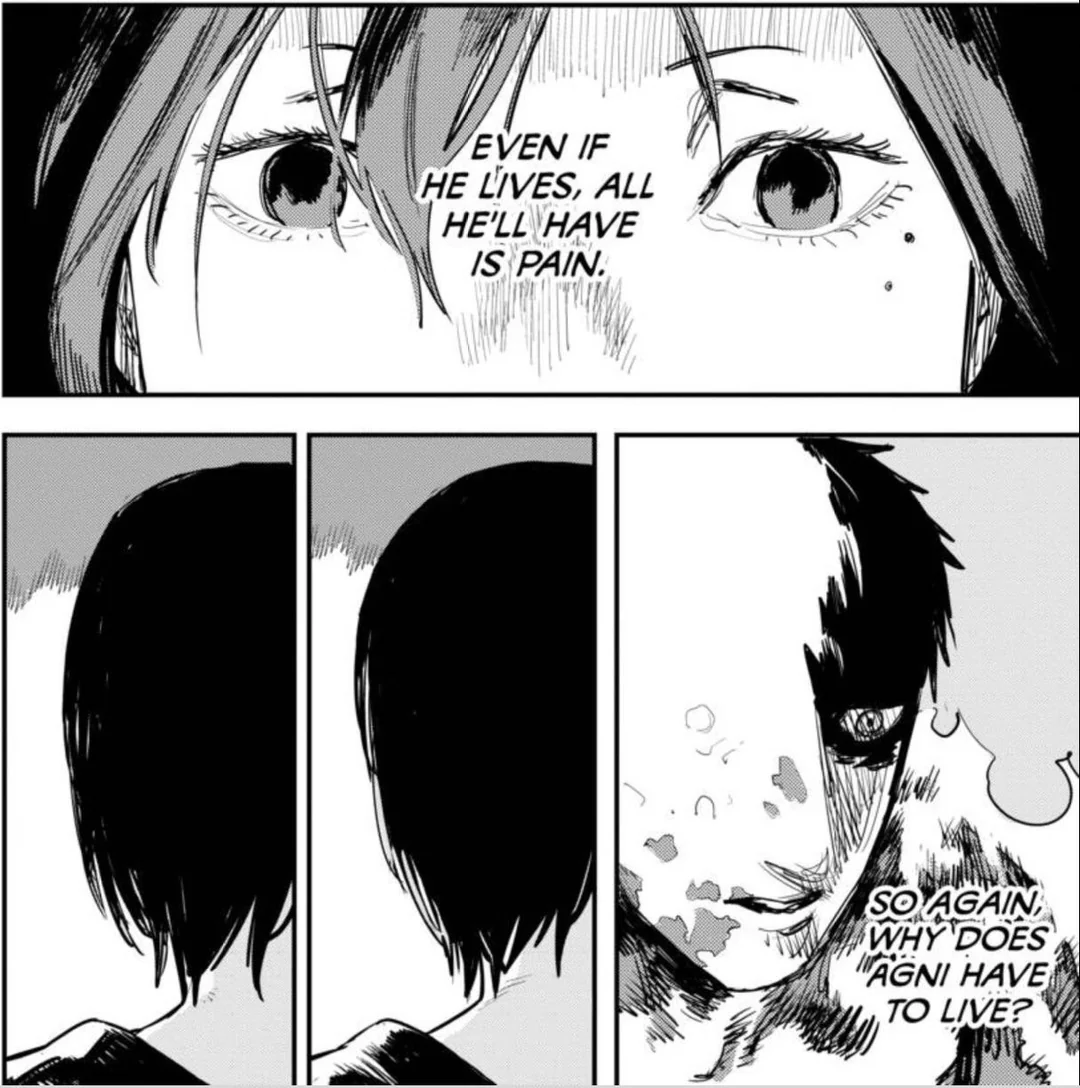 OkIPullUp_'s tweet photo. @Lyonfaced @RedStarLol @highvisraincoat Chainsaw Man is a story about dreams, Fire Punch is a story about delusions. Denji is someone who can find happiness in any situation, Agni is someone who can't find happiness in any situation https://t.co/bg1Q6CKZPd