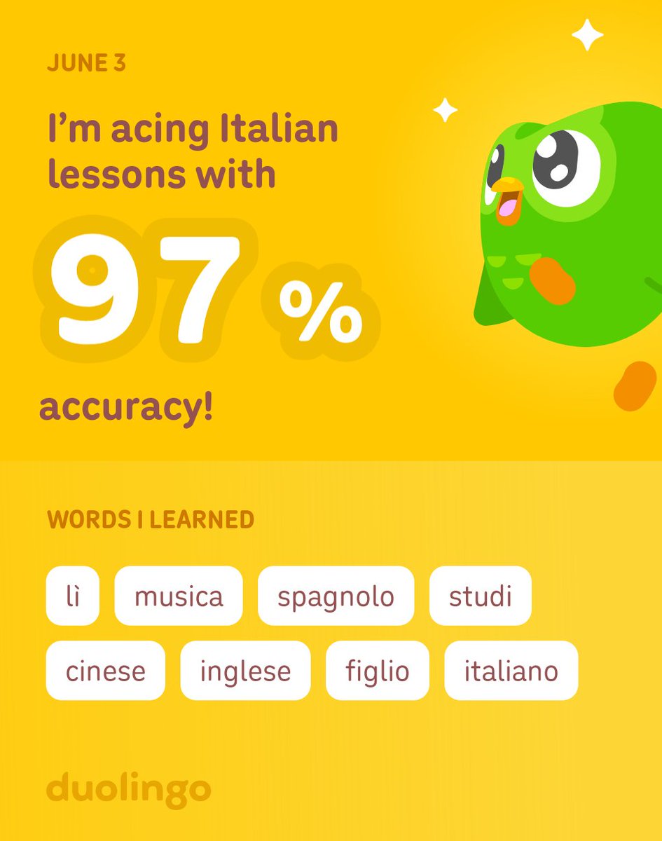 BrockStrengthX's tweet photo. Crushing the morning Italian lessons. 97% accuracy today. 🇮🇹🦉 #Duolingo #LanguageLearning https://t.co/OPWrTobiZF