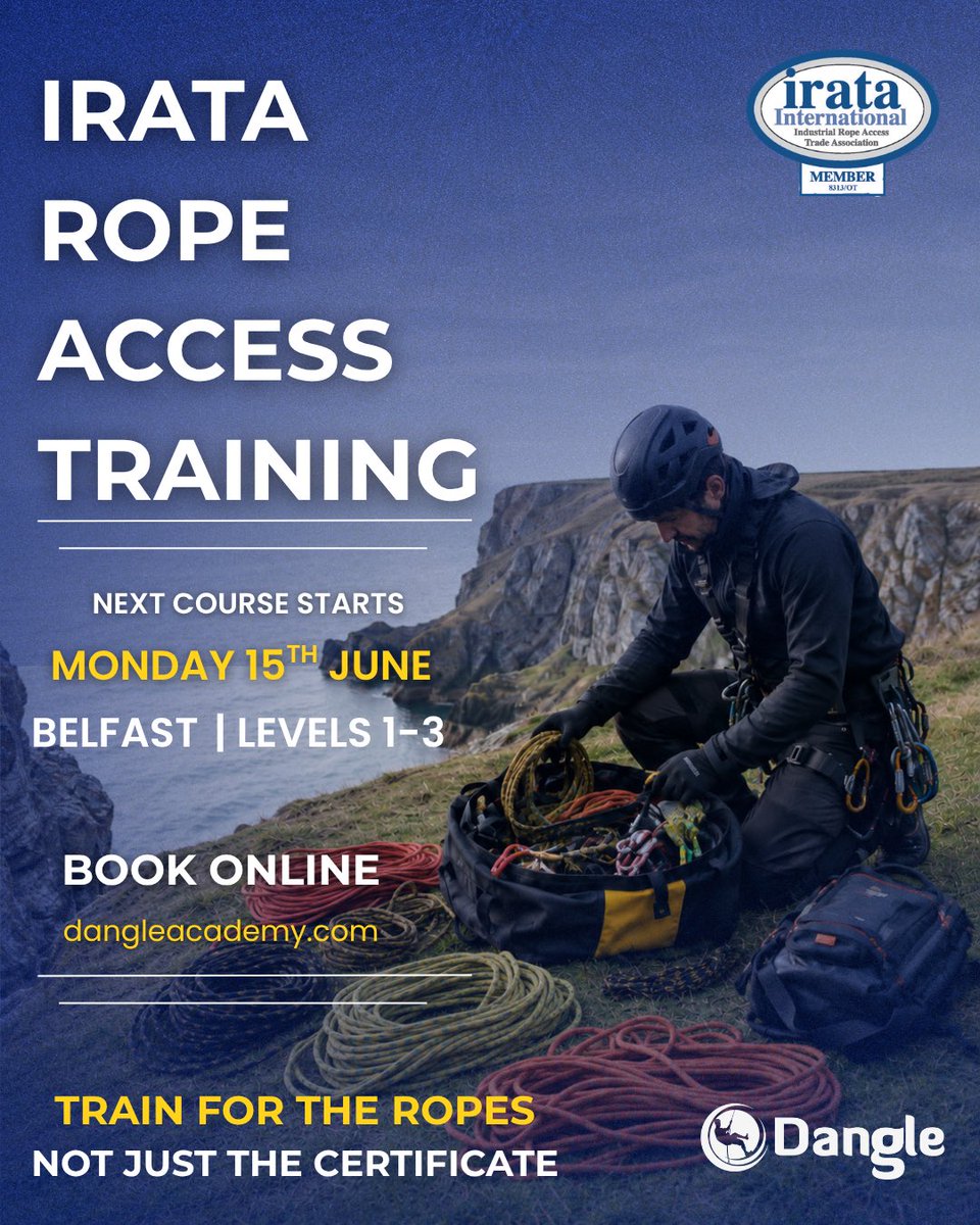 DangleAcademyNI's tweet photo. Where could rope access take you?

IRATA Rope Access Training starts Monday 15th June in Belfast.

Levels 1–3 available.

Book online: https://t.co/QdtfK5cYCv
#BelfastTraining #industrialtraining #ropeaccess #IRATA https://t.co/2HvBKyc8Mu