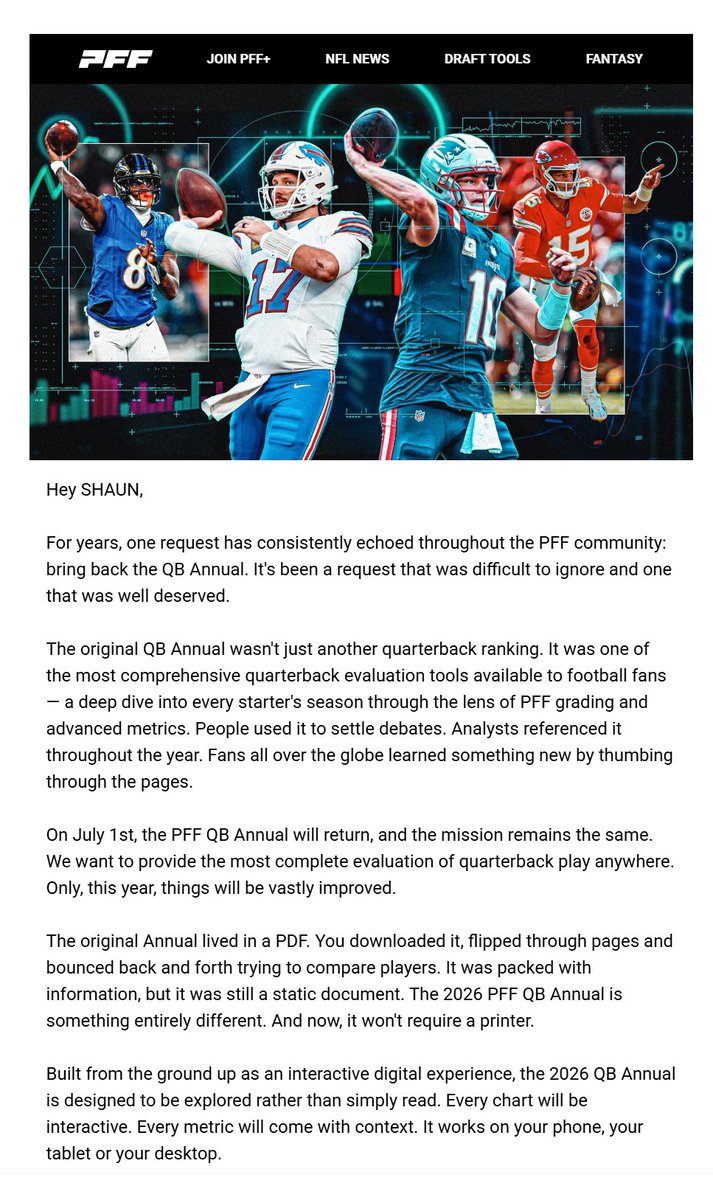 Shauncore's tweet photo. Oh hey, PFF is bringing back the QB Annual (last one was in 2023). https://t.co/ULrQFErfys