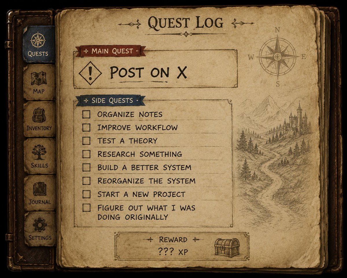 AI_Dad_Notes's tweet photo. I thought AI was going to help me get more organized.

Instead it exposed the fact that I create side quests for myself.

Every project now has lore. https://t.co/8DG5ckM3CV