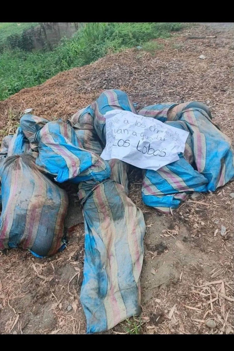 radiolimontv's tweet photo. JÓVENES QUE DIJERON A SUS PAPÁS  IBAN A SACAR PAPELES DE MOTO ENCONTRADOS EN SACOS

Se Confirma que los cuerpos hallados en el sector Las Cañitas corresponden a los 8 ciudadanos desaparecidos desde el 31 de mayo en la vía Babahoyo–Jujan.

El mensaje escrito a mano dice:
"Copia a los Choneros, no van a quedar.  Los Lobos".