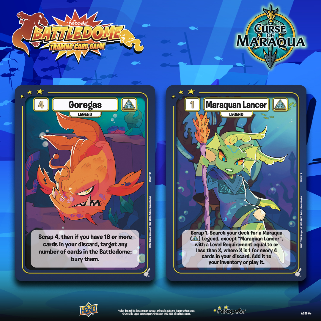 UpperDeckEnt's tweet photo. Scrapping cards to your discard never sounded so good! These new Maraqua Legend cards can have powerful effects based on your discard pile! #Neopets #NeopetsBattledome https://t.co/sXA3AXwLdt