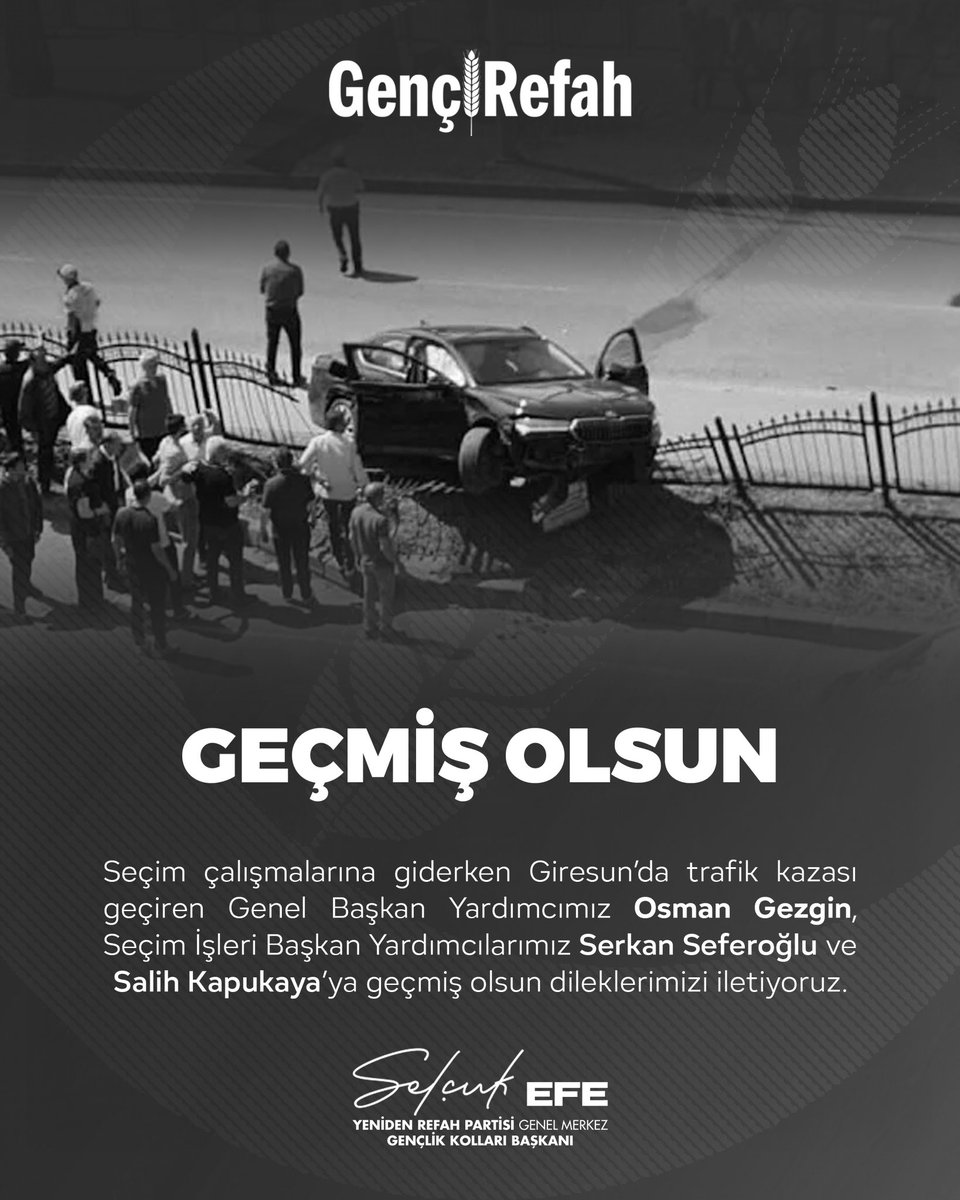 gencrefah's tweet photo. Seçim çalışmalarına giderken Giresun'da trafik kazası geçiren Genel Başkan Yardımcımız Osman Gezgin, Seçim İşleri Başkan Yardımcılarımız Serkan Seferoğlu ve Salih Kapukaya'ya geçmiş olsun dileklerimizi iletiyoruz. https://t.co/BWNVSmOO25