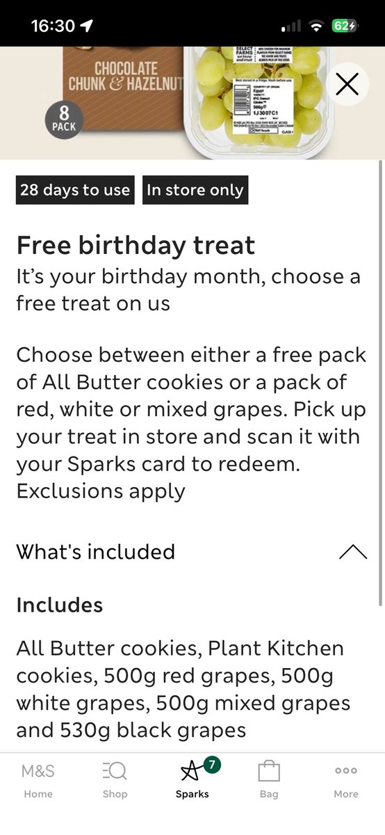 shellthestig's tweet photo. @marksandspencer Hi M&amp;S, genuinely curious why I’ve been offered cookies or every variety of grape for a birthday treat !? Very random and won’t be used. https://t.co/BH9RKhaJx8