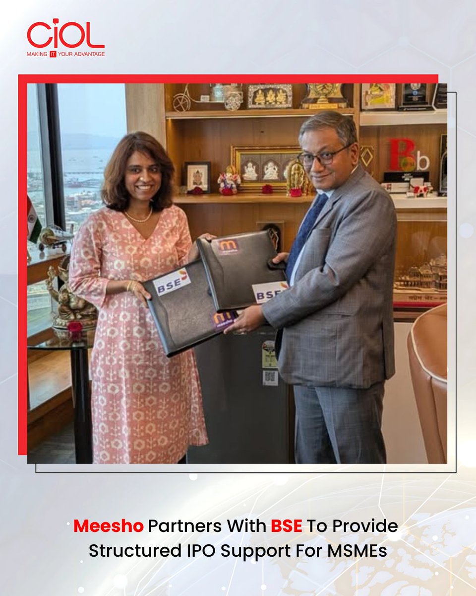 CiOL_News's tweet photo. Meesho + BSE: IPO Pathway for Sellers

Meesho has partnered with BSE to launch Project Shikhar, helping high‑performing e‑commerce sellers transition into investor‑ready public companies on the BSE SME 

Read More: https://t.co/iNiKPJ6lU7

#CIOL #BSE

@Meesho_Official | @BSEIndia https://t.co/aUAdSTwbMp