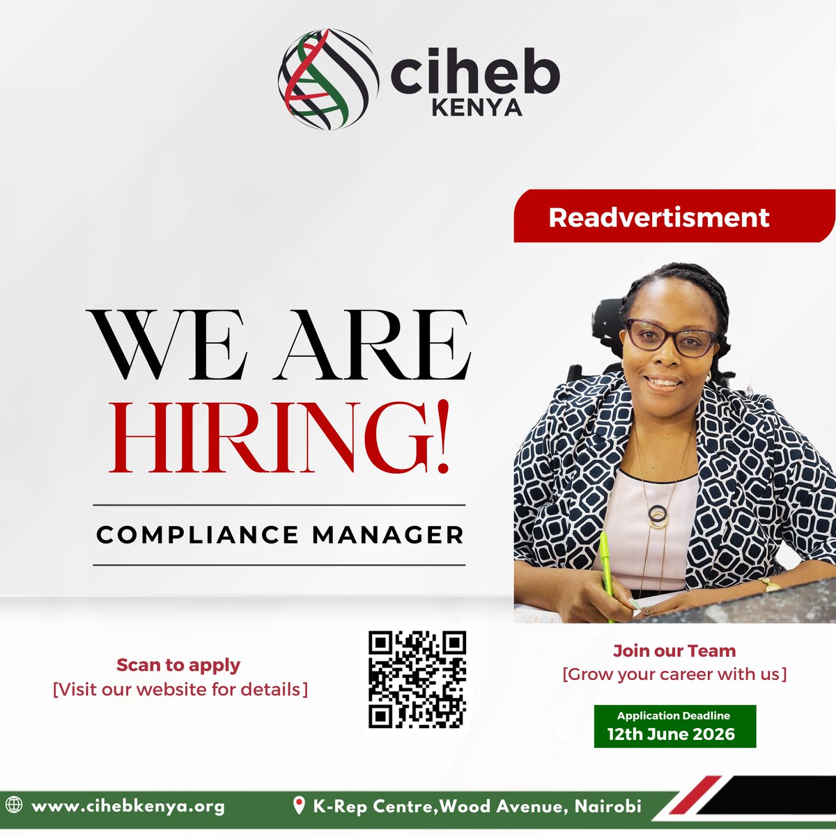 Ciheb_Kenya's tweet photo. Opportunity Alert!!!

Ciheb Kenya is re-advertising the position of a Compliance Manager. 

Check out the details and apply here 
https://t.co/nkTIvVGZRT
#CareerOpportunity #compliancemanager #JobsInKenya #hiringnow https://t.co/00x4bjbXbH